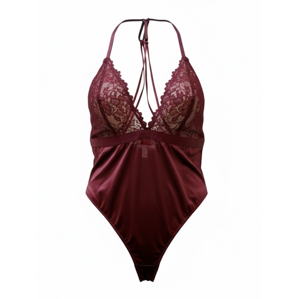 Auden Burgundy Lace Satin Strappy Bodysuit‎ Teddy Small NWT